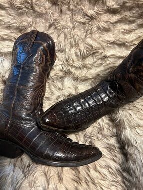Men's DOMINI PELLE CAIMAN dark  Brown Leather Cowboy Boots Sz 9 NEW SOLES/HEELS